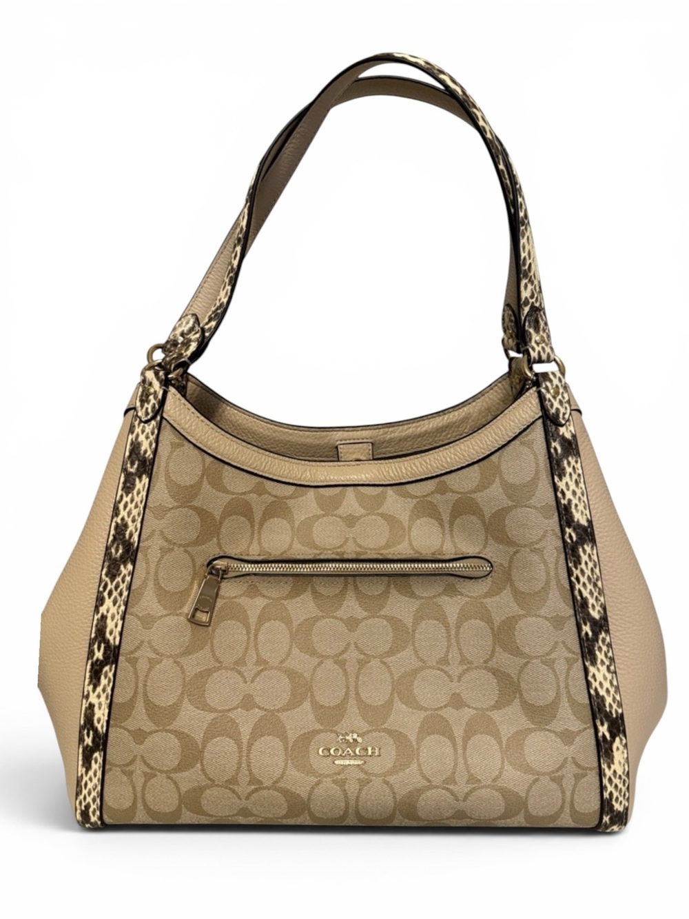 Coach Kristy Signature Beige Canvas Shoulder Bag with Snake-Print Trim